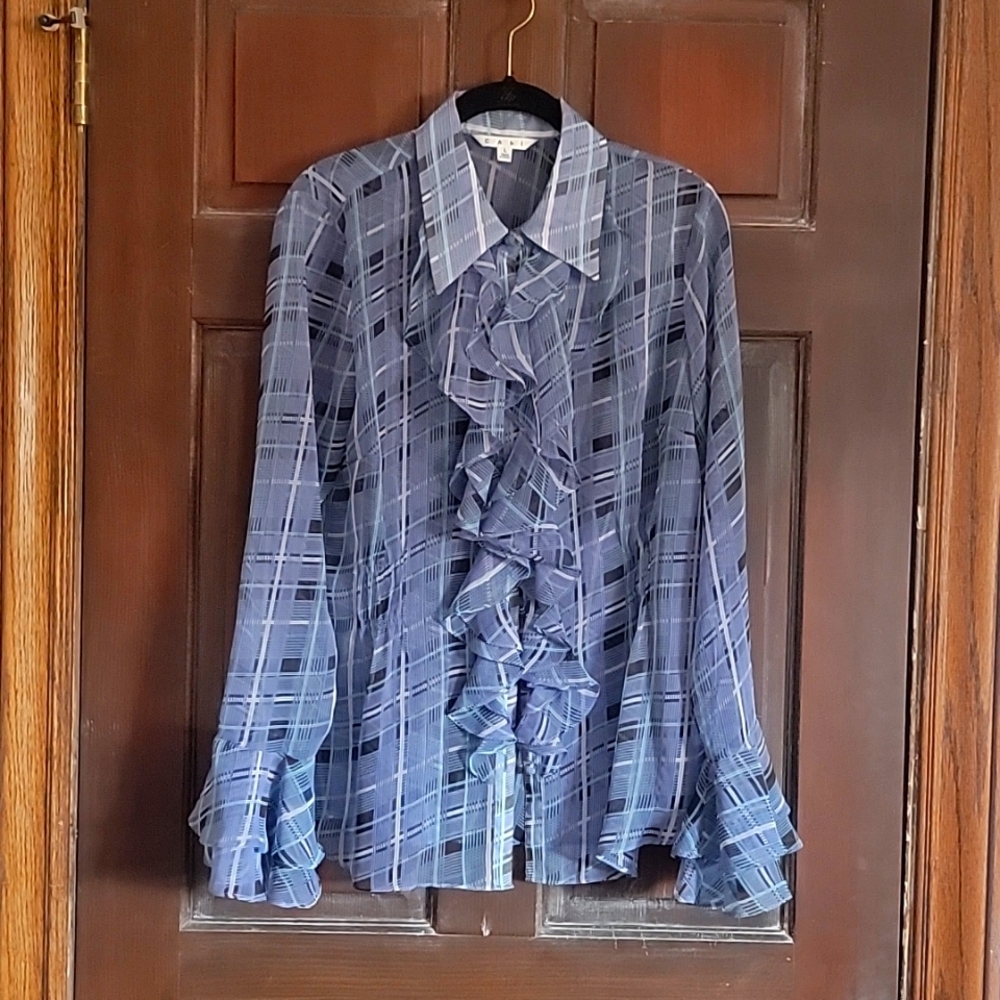 Cabi Sheer blouse, blue, white and black plaid design, size Large